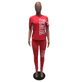 Casual Roz Scrisoare De Imprimare 2 Bucata Set Pentru Femei Haine Cu Maneci Scurte Topuri Pantaloni Lounge Uzura De Vară 2020 Jogging Femme Treninguri