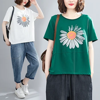 Maneci scurte T-shirt Femei de Moda de Vara Daisy Print Office Lady Vogue Chic din Bumbac de sex Feminin Supradimensionat coreeană Stil Patchwork Tee
