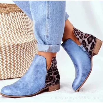 Femei Vintage Leopard Tocuri Joase Femei Retro din Piele PU Glezna Cizme 2020 Femei Zip Doamnelor Pantofi pentru Femeie Cizme Scurte Plus Dimensiune