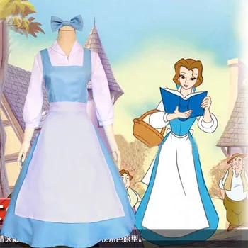 Frumoasa si ia Belle Maid Dress Menajera Cosplay Costum Femei Albastru Plin Rochii de Set ( Tricou + Rochie + Sort + Caciula +Peruci)