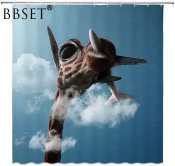 Animale de desene animate Perdea de Duș Cer Albastru Drăguț Girafa Amuzant Aeronave Model Impermeabil Multi-dimensiune Douchegordijn Decor Baie
