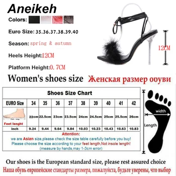 Aneikeh Vara Femei Pantofi Sandale Glezna Curea din PVC Noutate Blana Tocuri Subtiri din Dantela-Up Glezna Curea de Petrecere a Subliniat Toe Roma 35~41 Noi