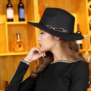 2019 Noua Moda Margine Largă Toamna Fedora Femei Top Hat Curea Femei Jazz Capac Pentru Jazz Femei Culoare Solidă Chapeau Femme En-Gros