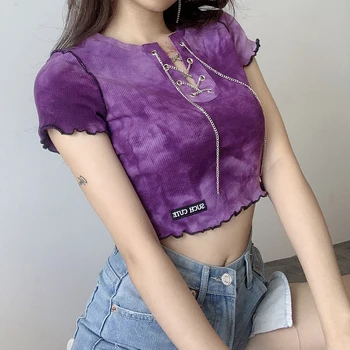 Weekeep Tie Dye Lanțuri Femei T-shirt de Vară de Imprimare de Moda Casual, Trunchiate Topuri de sex Feminin Streetwear Volane Tricouri Harajuku 2020
