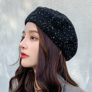2020 Moda Model Croșetat Femei Bereta Cu Paiete Iarna Solid Dovleac pălărie Plat franceză Capac