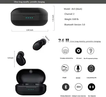 Aer-3 8D Stereo Wireless Bluetooth 5.0 Cască de Amprente Impermeabil Wireless Căști Hands-free Smart Mini Pavilioane Wireless