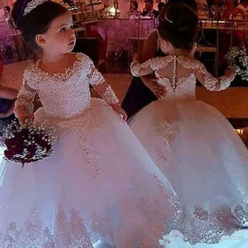 Rochii Fete cu flori pentru Nunti Tul Princess Dantela Maneca Jumătate Sfânt, Prima Împărtășanie Rochii de Petrecere Concurs de Rochie Pentru Fete