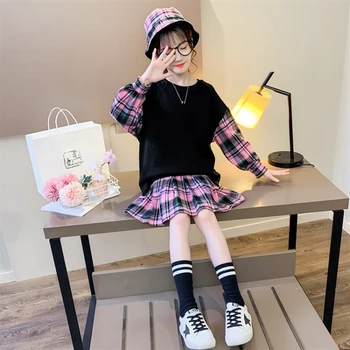 Roz Drăguț Copil Fusta Fete Seturi De Primăvară De Toamnă Nou Coreean Fusta Carouri + Pălărie De Tip Boutique De Trei Piese Utilaje Adolescente Haine Pentru Copii