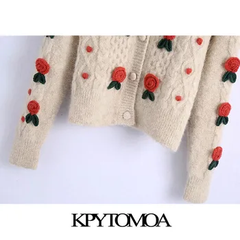 KPYTOMOA Femei 2021 Moda Cu Detalii Florale Trunchiate Cardigan Tricotate Pulover Vintage Maneca Lunga Femei Îmbrăcăminte exterioară Topuri Chic