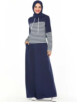 Moda Musulmană Cu Gluga Trening Rochie Lunga Pentru Femei Navy Stripe Long Sleeve Pocket Arabă Rochie Maxi Turcia Sport Haine Islamice
