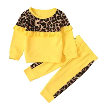 ZWY506 Copii Copilul Fete cu Maneca Lunga Print Leopard Volane Topuri Tee Pantaloni, Haine Casual, Haine de Primavara Toamna Set de Două Piese