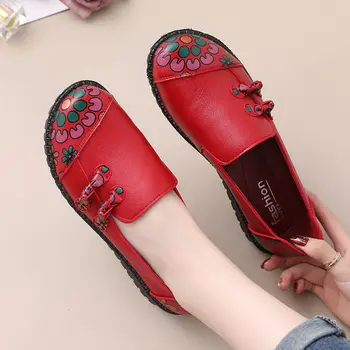 2021 Primăvară Roșu Pantofi din Piele pentru Femei Mocasini Stil Chinezesc cu Flori Imprimate Pantofi Plat Negru Doamnelor Mocasini pentru Femei Pantofi Flats