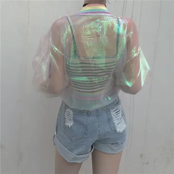 Harajuku Vara Femei Jacheta Cu Laser Curcubeu Simfonie Holograma Femei BasicCoat Clar Irizat Transparent Jacheta Bomber Sunproof
