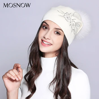 Pălărie de iarnă de sex Feminin Lână Vogue Dantelă Flori Stras Moda Toamna anului 2019 Tricotate Pălării pentru Femei Chelioși Căciuli #MZ712B