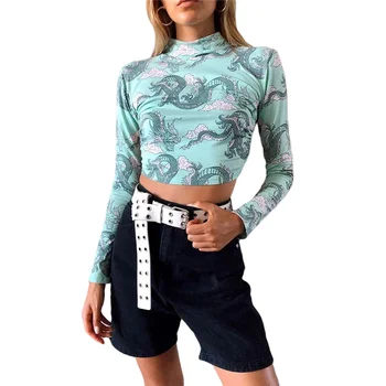Femeile Dragon Model de Decupare de Imprimare T-shirt, Bluze cu Maneca Lunga cu Spatele gol Sexey Tee Top Haut Femme Manche Longue Bluză de Mătase Tricou