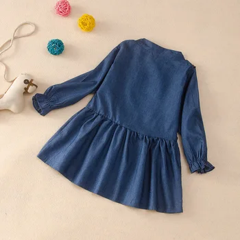 Fete de moda de toamnă plin flare sleeve denim rochii pentru copii copilul fete pentru copii leopard mozaic ruched genunchi-lungime rochie 2-9Y