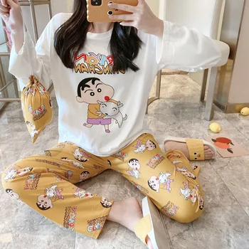 Pijama Femei, Seturi De Haine Drăguț Crayon Shin-Chan Cu Mâneci Lungi Sleepwear Doamna De Bumbac Casual Pijamale Moi Pijamale & Sac De Pânză