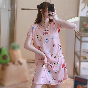 Femeile Sleepdress de Desene animate Drăguț Maneci Scurte Lapte de Mătase-O bucată de Cămașă de noapte Lady Dress Pijamale de Bumbac Gât Imprimare 2020