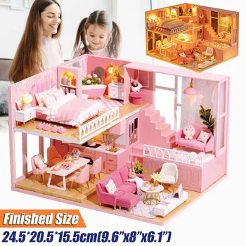 DIY Casă de Păpuși din Lemn, Case de papusi in Miniatura, Mobilier casă de păpuși Kit Jucării pentru Casa de copii Cadou de Crăciun