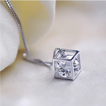 Argint 925 moda pătrat strălucitoare de cristal doamnelor'pendant colier bijuterii femei scurt lanț cutie cadou en-gros