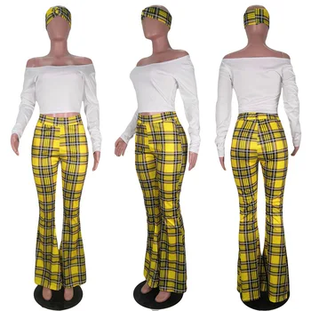 ANJAMANOR Toamna 2020 Femei la Modă Carouri de Imprimare 3 Piece Set (Inclusiv de Lungă Tricou Maneca Clopot Jos Pantalonii Văl) D91-DH42