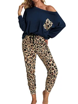 Femei Trening Leopard de Imprimare de Primăvară de Toamnă la Modă Maneci Lungi Rotunde Gât T-Shirt de Sus+Cordon Pantaloni 2 buc Tinuta Set
