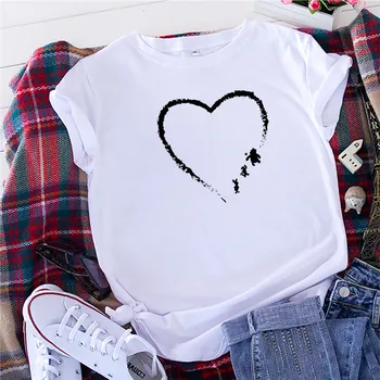 Bumbac Plus Dimensiune S-5XL Tricou Nou de Desene animate Inima de Imprimare T-Shirt Femei O Gâtului Maneca Scurta de Vara Tricouri Femei Roz Topuri