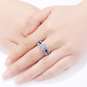 Newshe Argint 925 Inele de Nunta Pentru Femei Bijuterii Clasice Tăiate Rotund Albastru Partea AAA Zirconia Inel de Logodnă de Mireasa Set