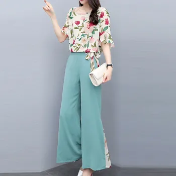 Femei de moda de Vară Florale de Imprimare cu Maneci Scurte T-shirt, Blaturi Lungi Largi Picior Pantaloni Split 2 Bucata Set Sifon Elegant Costum#g3