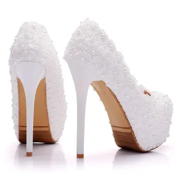 Cristal Regina Albă de Dantelă de Nunta pantofi Mireasa 14cm inaltime Platforma pantofi Drăguț rochie de Petrecere pantofi de femeie ștrasuri din mărgele Pompe