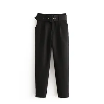 Negru elegant, de înaltă talie pantaloni femei eșarfe buzunare cu fermoar office pantaloni streetwear iarna pantaloni lungi femei