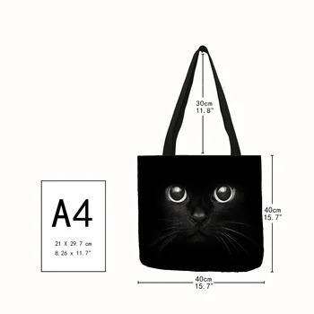 Material Pliabil Pungi de Cumpărături Pentru Alimente Drăguț Pisică Neagră Print Geanta Tote pentru Femei Personalitate Școală Călătoresc Saci de Umăr