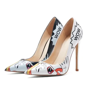 Europene de moda sexy banchet tocuri inalte cu toc din piele de brevet superficial gura subliniat graffiti pantofi stiletto 6/10 / 12cm