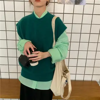 Toamna Stabilește Femei Retro BF Stil Chic de zi cu Zi Simplu Harajuku Adolescenti Utilaje de Bază Tricouri Vintage Liber Moale fără Mâneci Tricotaje
