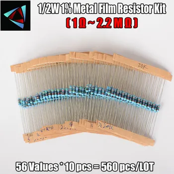 560pcs 1/2W 0.5 Watt 1% 1-2.2 M ohm 0,5 W 56Values Film Metalic de Rezistență Asortate kit Set