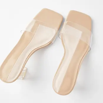 Sandale de vara de Pantofi Papuci de casă 2020 Casual Solid de pantofi High Heels pentru Femei Toamna PVC Dimensiune 35-40 De Deget de la picior Pătrat de 5-8cm de Cauciuc Nud