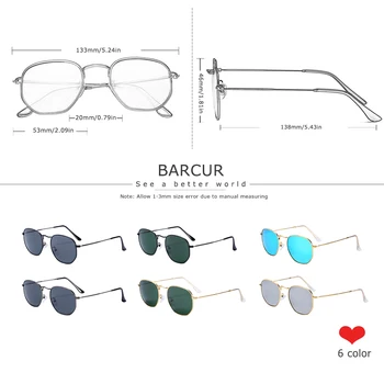BARCUR Reflectorizante ochelari de Soare Femei Lentile de Sticlă Ochelari de Soare pentru Bărbați din Oțel Inoxidabil Cadru Ochelari Oglindă Hexagon Oculos De Sol