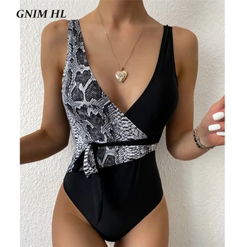 GNIM Sexy V Gât de costume de Baie Femei Bikini Mujer de Vară 2020 Snake Print Împletit Brazilian costum de Baie Femei O Bucată de Plajă, îmbrăcăminte Nouă