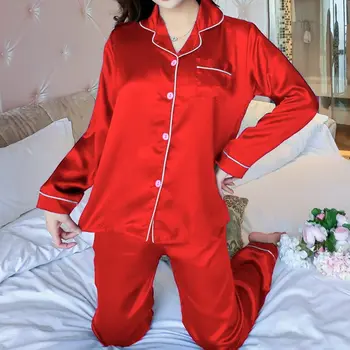 2020 Femei 2 BUC Seturi de Pijamale Femei Rever Imitație de Mătase Maneca Lunga Uzura Acasă Doamnelor Mujer Sexy din Satin Topuri+Pantaloni cămașă de noapte