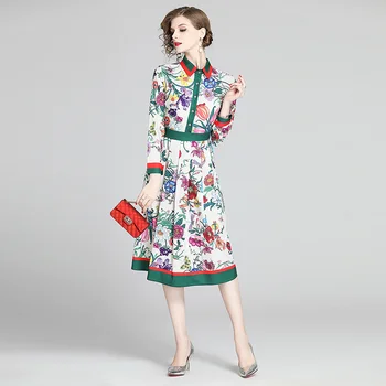 Banulin 2020 Primavara-Vara Pistă de Moda Rochie de Camasa Femei Maneca Lunga Casual Floral Stripe Print Cutat Rochie Eleganta Midi