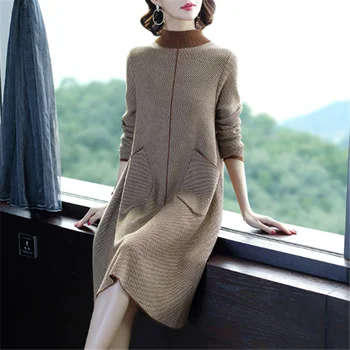 Rochie de femei Toamna Iarna High-gât Pulover Tricotate pulover coreea Mid-Timp Liber Elegant Zăbrele Rochii de Externe Purta W58