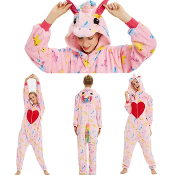 Iarna Flanel Iepure Anime Kigurumi Pijama Femei Haine pentru Noapte Unicorn Pijamale-O singură Bucată cu Gluga Crăciun Costum Salopetă