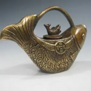 Chineză Manopera Formă de Pește Ceainic și Capac w Kangxi Marca Decoratiuni de Gradina reale Alama
