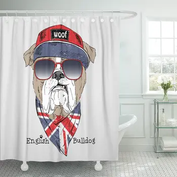 Hipster Bulldog englez Îmbrăcat în Steagul Câine Animal Perdea de Duș din Poliester 60 x 72 cm Set cu Cârlige