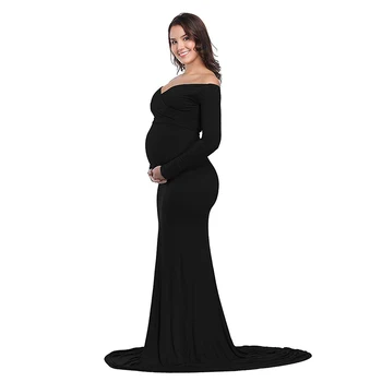 Toamna Maternitate Elegant Dotate Rochie gravide sedinta foto îmbrăcăminte Lungă Maneca V Gat Ruched Slim Fit Maxi gravide rochie lunga D20