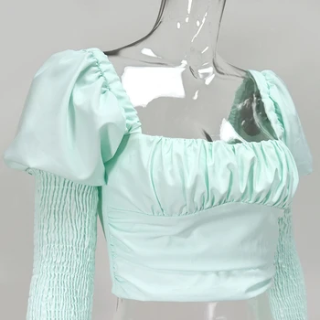 Kealofea Culturilor Tricou Bluza Femei Toamna Anului 2020 Nou Drăguț Lungă Puff Maneca Topuri Cutat Șic Ruched Gât Pătrat Street-Wear