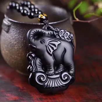Picătură de Transport maritim Negru Obsidian Elefant Norocos Pandantive Negru Ganesha Colier Pandantiv bărbați bijuterii Bijuterii Jad