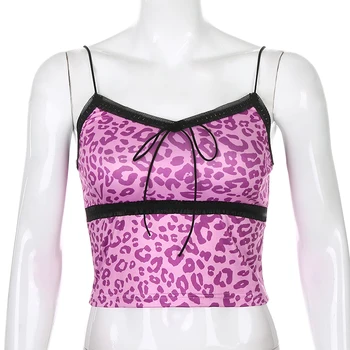 Sweetown Leopard De Imprimare Rezervor De Top V Gât Sexy Partid Fără Mâneci Mozaic Negru Mesh Edge Vara Crop Top De Sex Feminin De Moda Streetwear