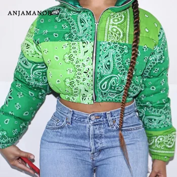 ANJAMANOR Moda de Iarnă Bandană Printed Puffer Jacheta Femei Haine Cald, Verde, Violet Bule Haina de Femeie Parka D98-HE42