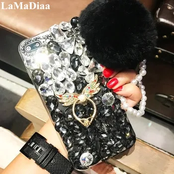 Design de moda DIY Bling Cristal de Diamant Stras Cu Blană Minge Ciucure Caz de Telefon Pentru Samsung j7 j8 j5 j6 j4 A9 A8 A7 A6 2018